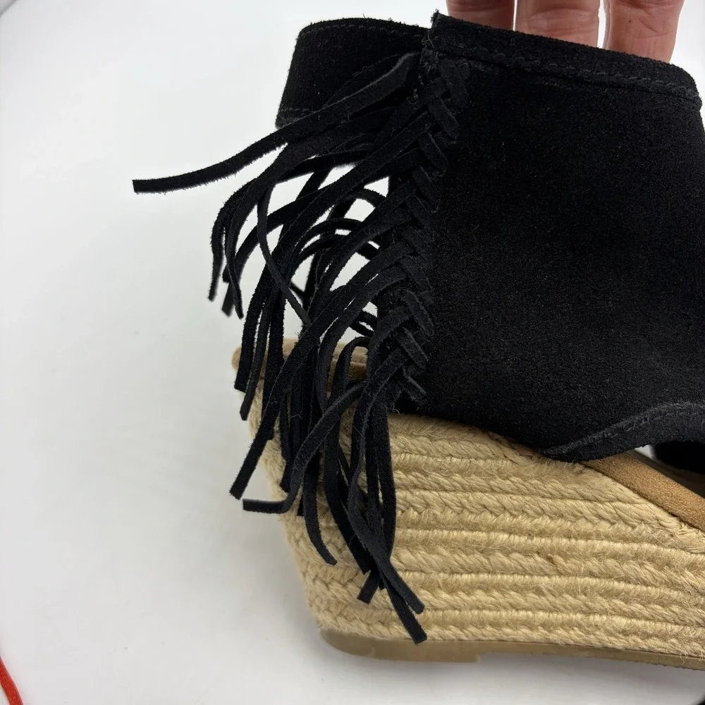 Wedge Espadrille Sandals Women 8 Blaire Black Suede Leather Fringe Festival Boho